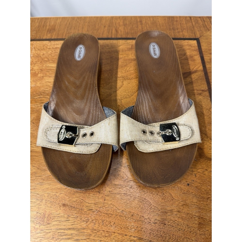 Dr Scholls Sandals Woman's 7 M Classic Slides Brown Beige Faux Wood Casual Beach - Picture 2 of 9
